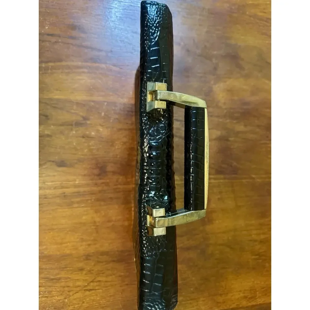 Vintage Black Faux Alligator Embossed Portfolio Handbag Briefcase Gold Tone